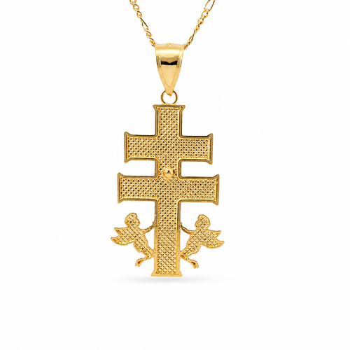 14KT Gold Charm Large Tri Tone Caravaca Crucifix Cross with Plain Bell