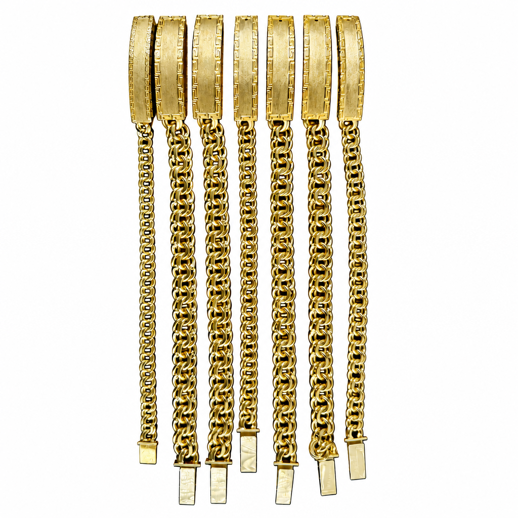 14KT Gold Bracelet Hollow Chino Band with Greek Border Name Plate 7mm