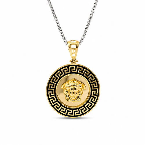 14KT Gold Charm Large Round Medusa Coin with Black Enamel Greek Border and Bell