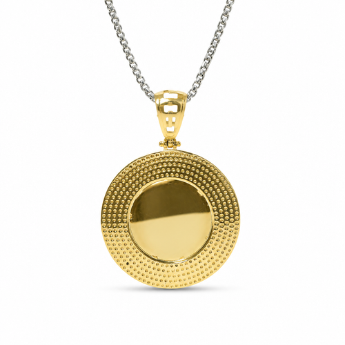 14KT Gold Charm Large Round Medusa Coin with Black Enamel Greek Border and Bell