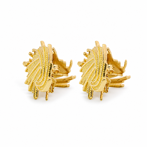 14KT Gold Earrings Medium Feathered Spiral with White CZ Stones and Push Back Post and Butterfly Backs