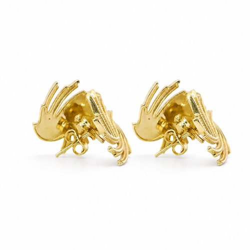 14KT Gold Earrings Medium Feathered Spiral with White CZ Stones and Push Back Post and Butterfly Backs