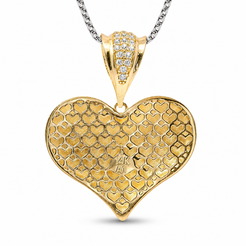 14KT Gold Charm Large Flat Back Puff Heart with White CZ Edge and Bell