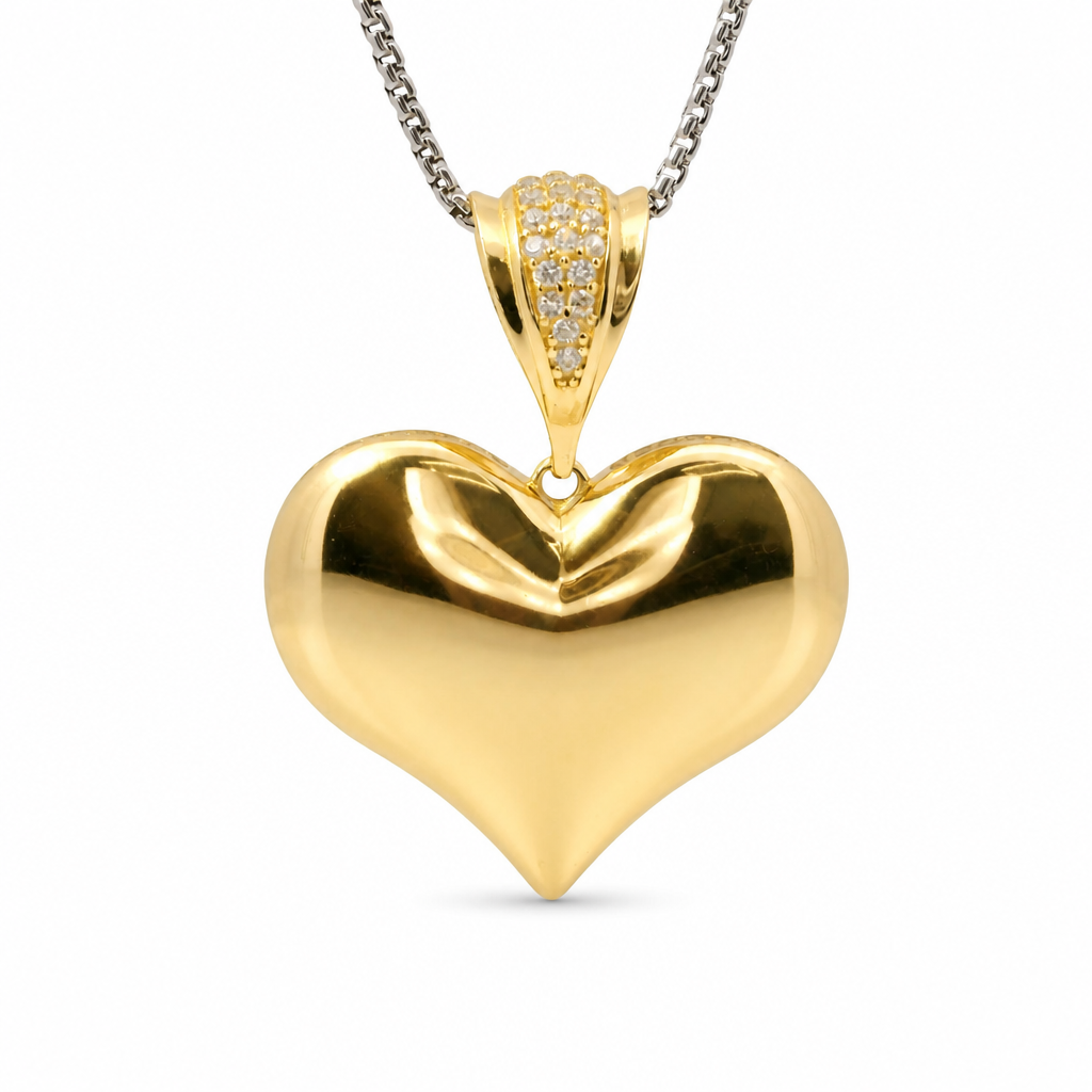 14KT Gold Charm Large Flat Back Puff Heart with White CZ Edge and Bell