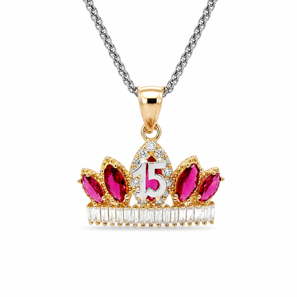 14KT Gold Charm Jumbo Two Tone Quincenaera "15" Center Dark Pink Marquise Crown with White CZ Baguette Stones Band and Plain Bell