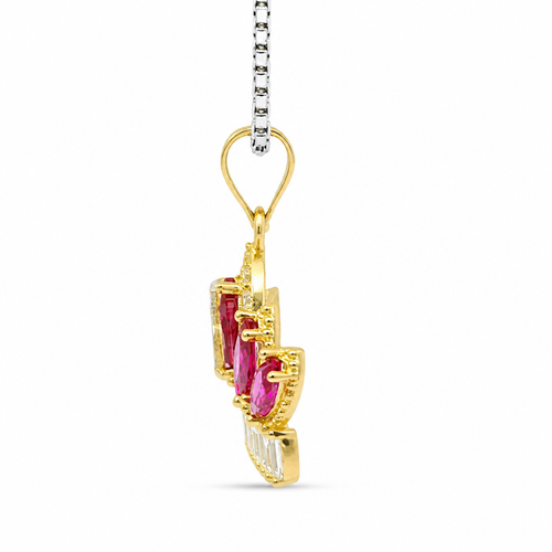 14KT Gold Charm Jumbo Two Tone Quincenaera "15" Center Dark Pink Marquise Crown with White CZ Baguette Stones Band and Plain Bell
