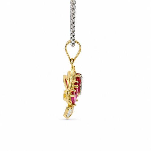 14KT Gold Charm Jumbo Two Tone Quincenaera "15" Center Dark Pink Marquise Crown with White CZ Baguette Stones Band and Plain Bell