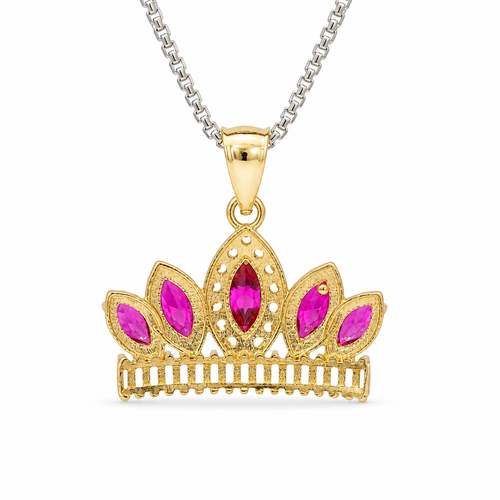 14KT Gold Charm Jumbo Two Tone Quincenaera "15" Center Dark Pink Marquise Crown with White CZ Baguette Stones Band and Plain Bell