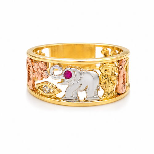 14KT Gold Ring Women's "Good Luck" Tri Tone Open Split Band with Plain Borders Horseshoe Flower CZ Eye Pink Eye Elephant Owl Man