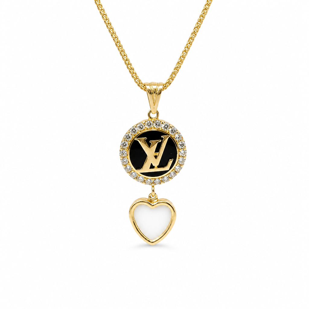 14KT Gold Charm Extra Small LV Coin with Black Enamel Center, White CZ Stone Border, White Enamel Hanging Heart and Plain Bell