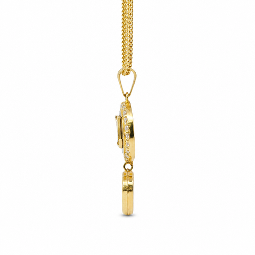 14KT Gold Charm Extra Small LV Coin with Black Enamel Center, White CZ Stone Border, White Enamel Hanging Heart and Plain Bell