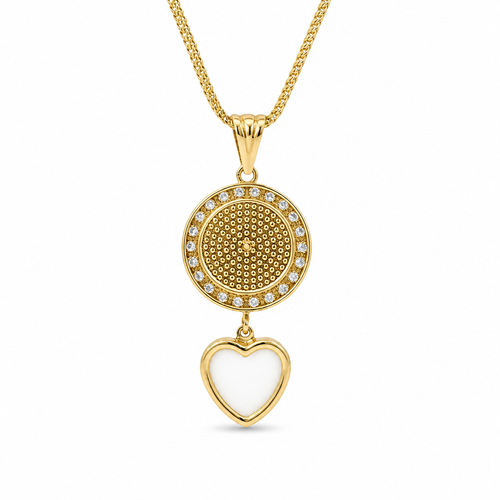 14KT Gold Charm Extra Small LV Coin with Black Enamel Center, White CZ Stone Border, White Enamel Hanging Heart and Plain Bell