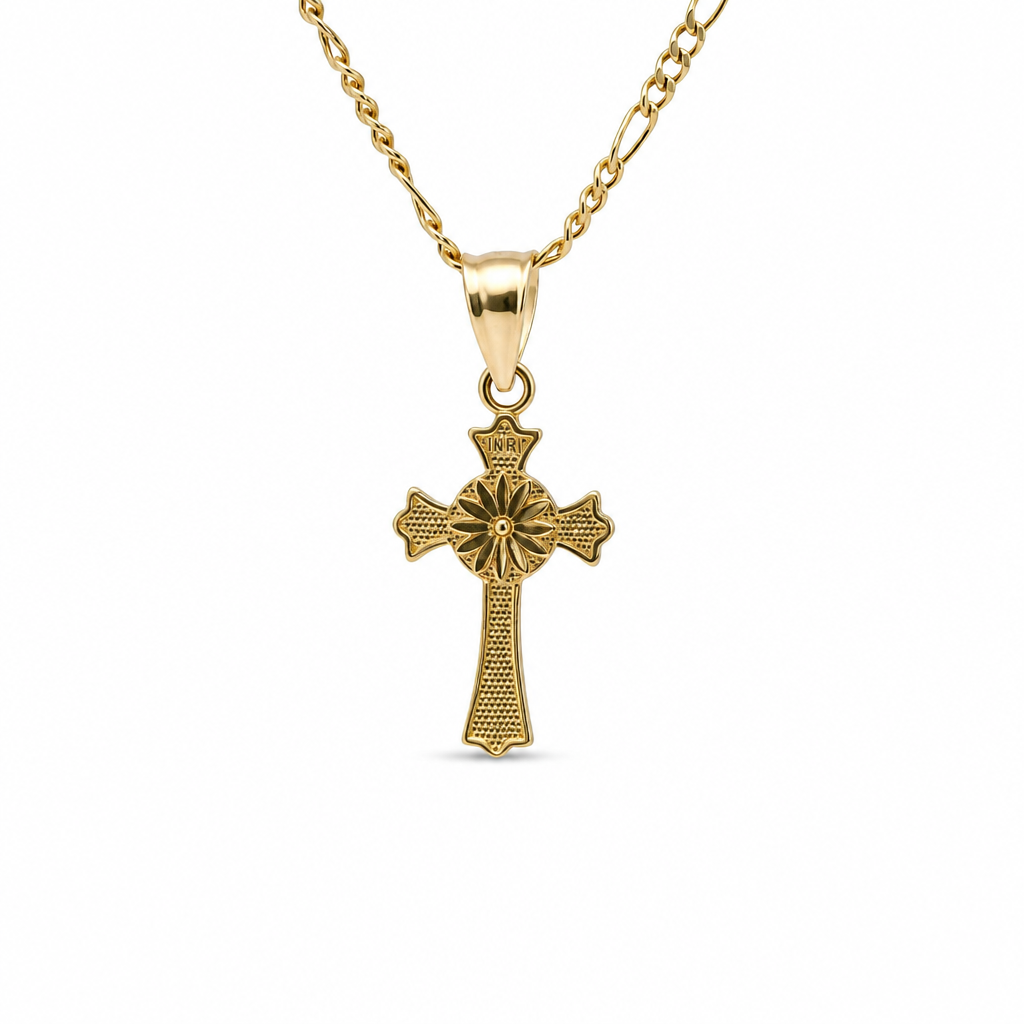 14KT Gold Charm Extra Small Daisy Center Cross with Flared Ends and Plain Band