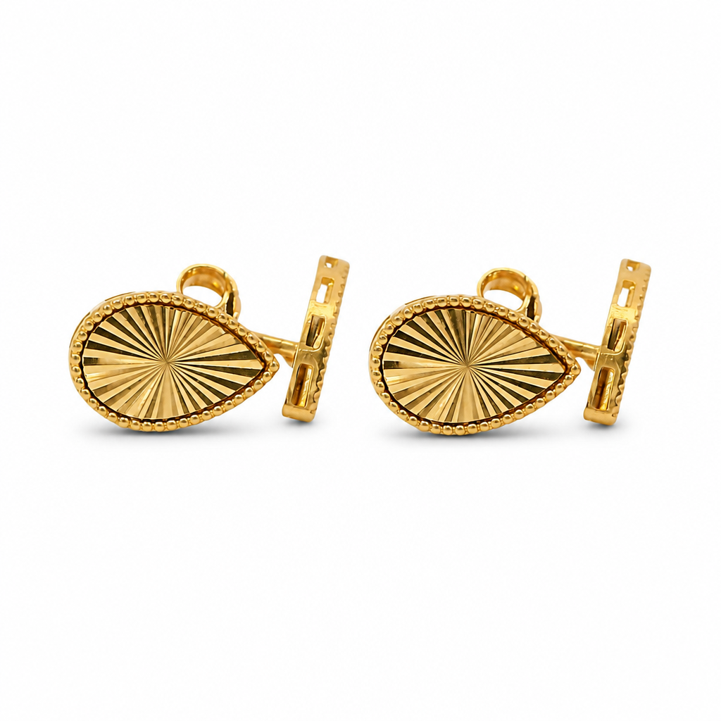 14KT Gold Earrings Small Sunray Tear Drop with Dotted Border, Push Back Post and Butterfly Backs