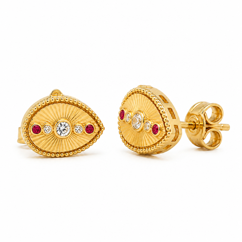 14KT Gold Earrings Small Sunray Tear Drop with Dotted Border, Push Back Post and Butterfly Backs