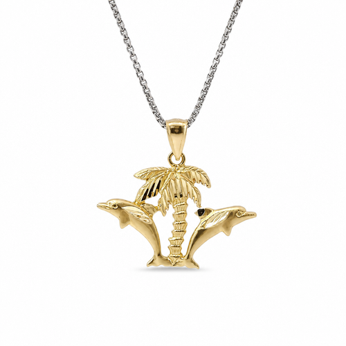 14KT Gold Charm Diamond Cut Palm Tree and Two Jumping Dolphins with Plain Bell