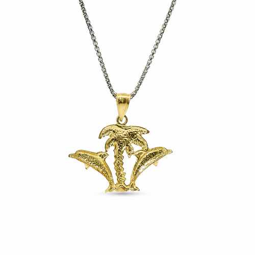 14KT Gold Charm Diamond Cut Palm Tree and Two Jumping Dolphins with Plain Bell