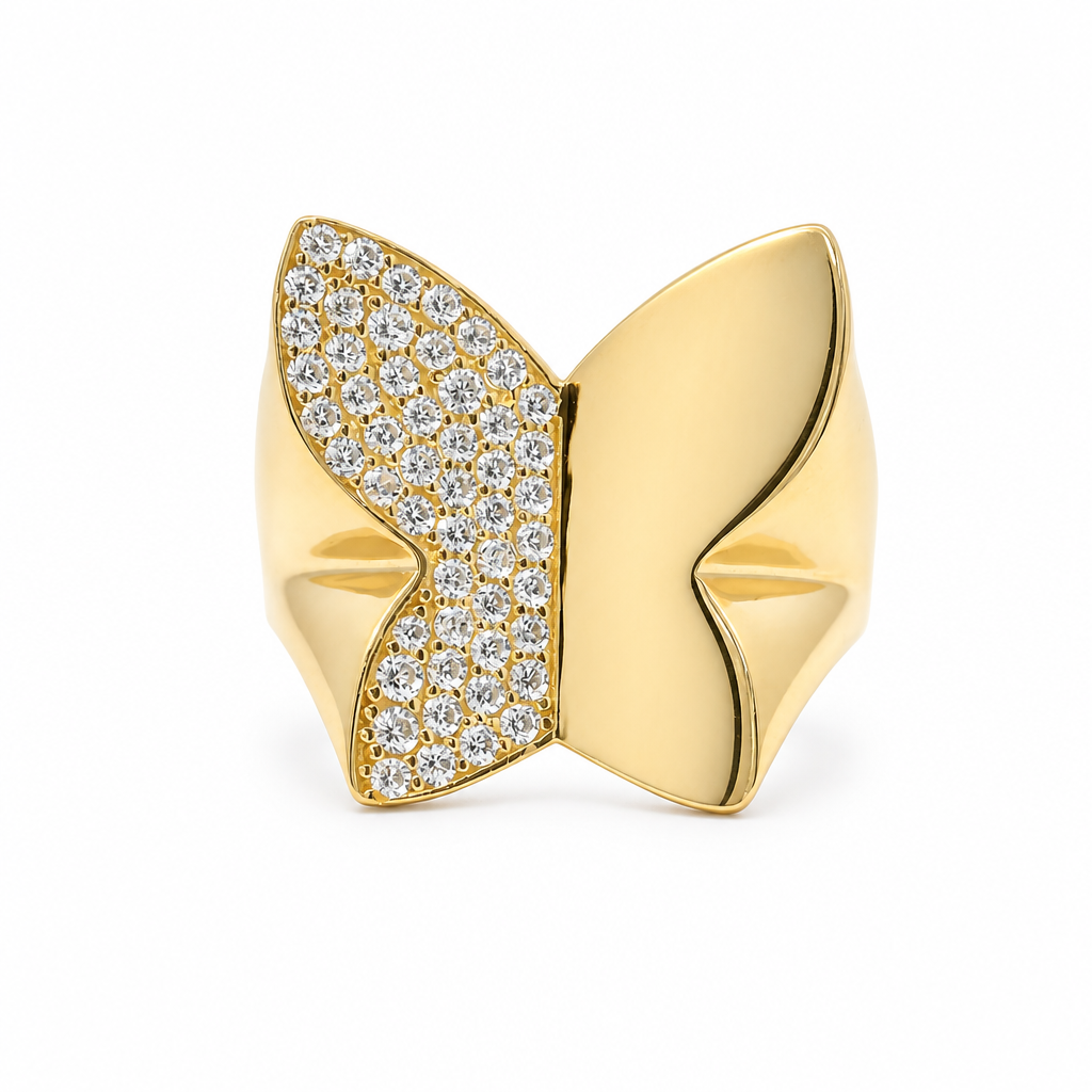 14KT Gold Ring Women's Butterfly with Left Wing White CZ Stones and Right Wing Plain