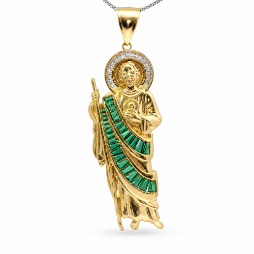 14KT Gold Charm Large St Jude Shape with White Baguette CZ Stones Halo and Dark Green Baguette CZ Stones Robe with Plain Bell