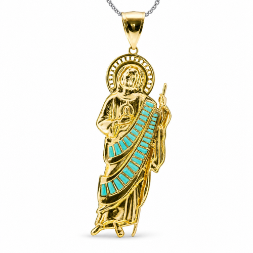 14KT Gold Charm Large St Jude Shape with White Baguette CZ Stones Halo and Dark Green Baguette CZ Stones Robe with Plain Bell