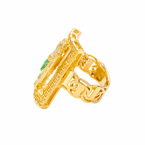 14KT Gold Ring Men's Rectangle Greek Border Jumbo Raised St. Jude with Sunray Background / Green CZ Stone Robe / White CZ Stones Sun Chino Band