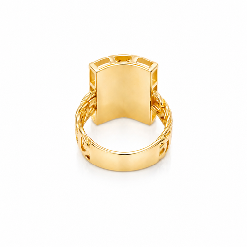 14KT Gold Ring Men's Rectangle Greek Border Jumbo Raised St. Jude with Sunray Background / Green CZ Stone Robe / White CZ Stones Sun Chino Band
