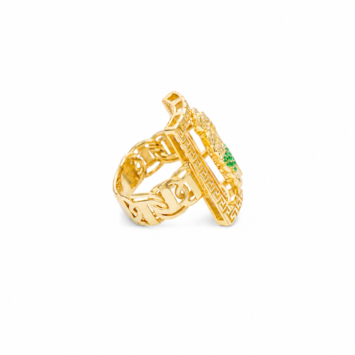 14KT Gold Ring Men's Rectangle Greek Border Jumbo Raised St. Jude with Sunray Background / Green CZ Stone Robe / White CZ Stones Sun Chino Band