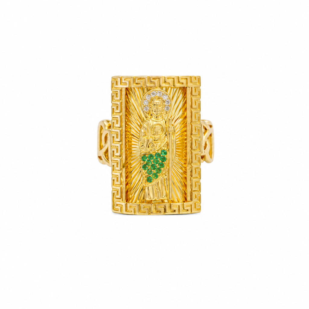 14KT Gold Ring Men's Rectangle Greek Border Jumbo Raised St. Jude with Sunray Background / Green CZ Stone Robe / White CZ Stones Sun Chino Band