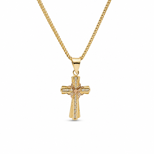 14KT Gold Charm Extra Small Two Tone White CZ Stone Cross Center with Plain Border, Center Ribbon, and Plain Bell