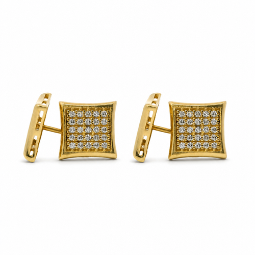 14KT Gold Earring Small Pinched Square White CZ Stones Cluster with Plain Border, Push Back Post, and Butterfly Backs