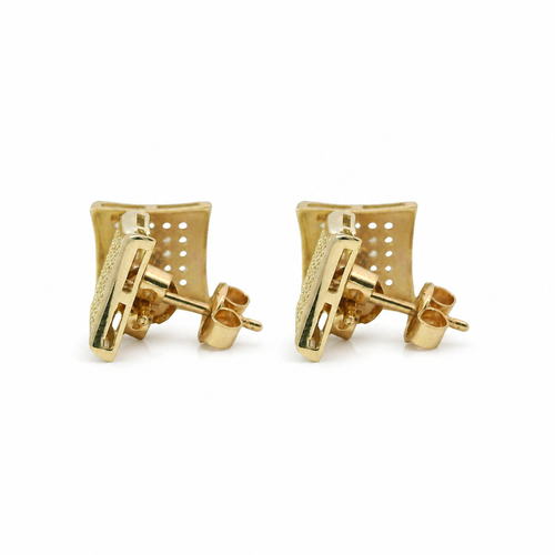 14KT Gold Earring Small Pinched Square White CZ Stones Cluster with Plain Border, Push Back Post, and Butterfly Backs