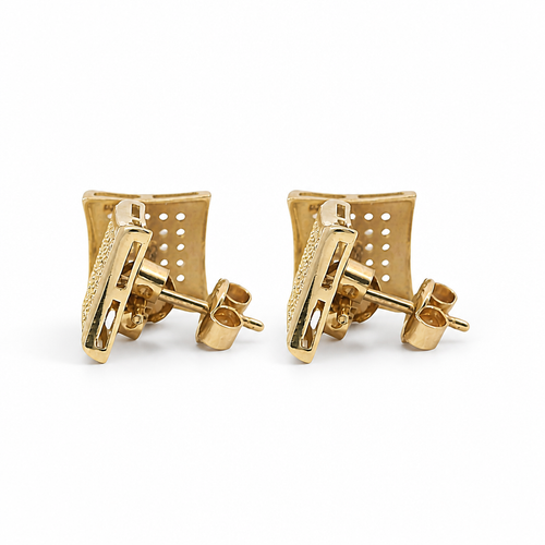 14KT Gold Earring Small Pinched Square White CZ Stones Cluster with Plain Border, Push Back Post, and Butterfly Backs