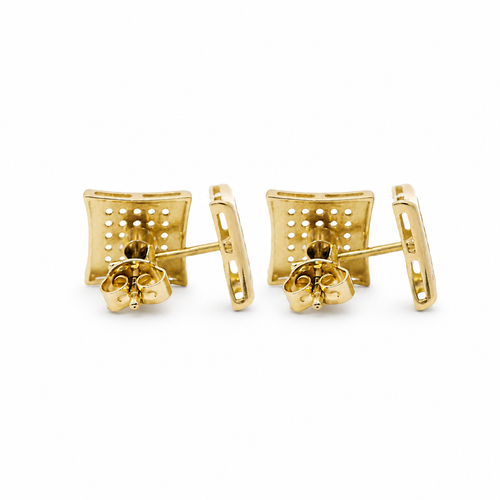 14KT Gold Earring Small Pinched Square White CZ Stones Cluster with Plain Border, Push Back Post, and Butterfly Backs