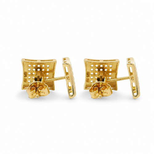 14KT Gold Earring Small Pinched Square White CZ Stones Cluster with Plain Border, Push Back Post, and Butterfly Backs