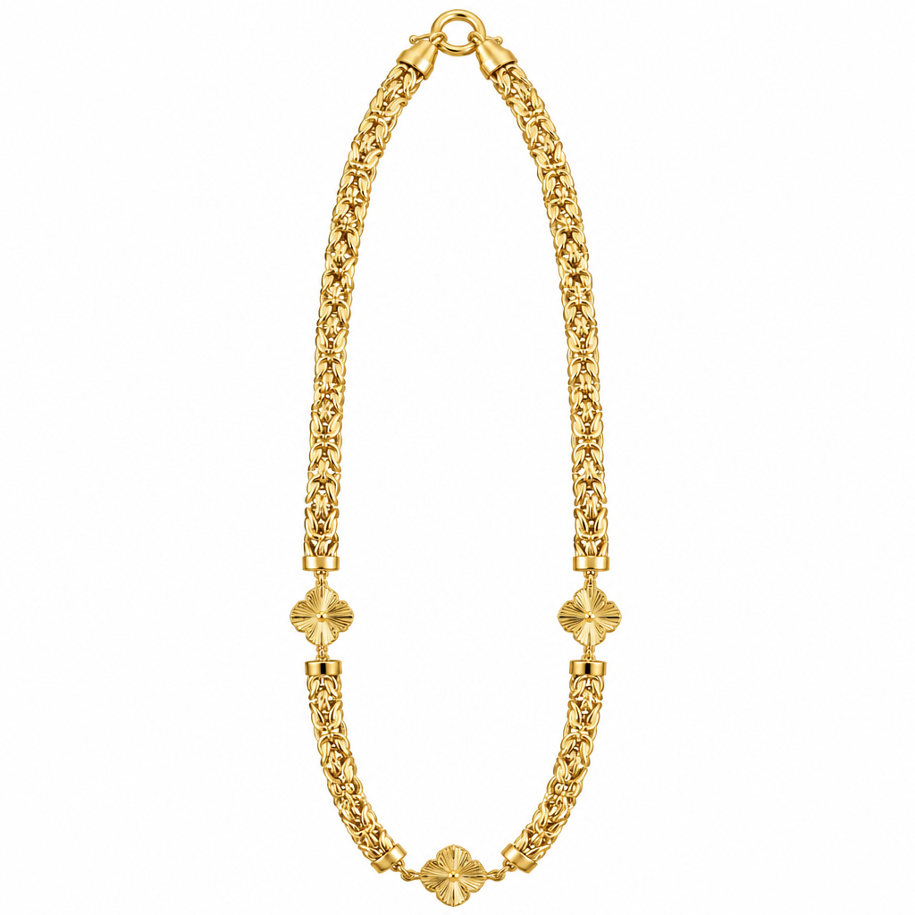 14K Gold Chain Women's Byzantine Link Necklace with Sunray Clovers and Jumbo Plain Spring Lock Clasp