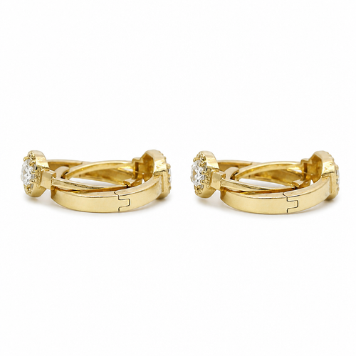 14KT Gold Earring Medium White CZ Stones Rectangle Center Huggie