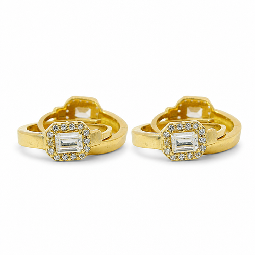 14KT Gold Earring Medium White CZ Stones Rectangle Center Huggie