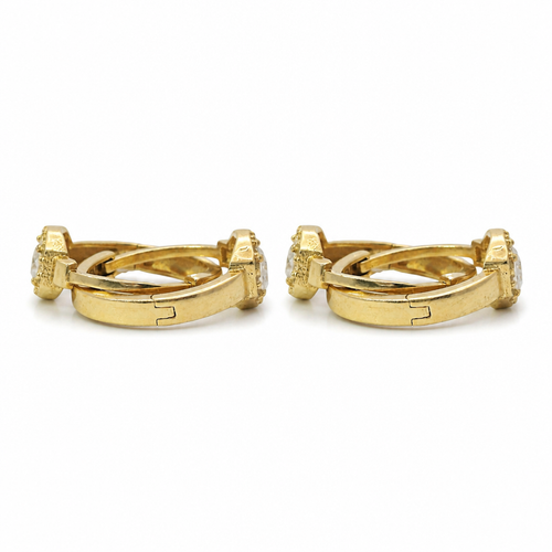 14KT Gold Earring Medium White CZ Stones Rectangle Center Huggie