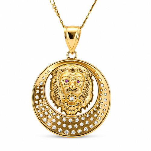 14KT Gold Charm 2XL Etched Lion Head Center with Red CZ Stones Eyes, White CZ Stone Mouth, Crescent Frame and Plain Bell