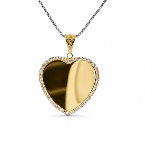 14KT Gold Charm Large Flat Plain Engravable Heart with White CZ Stones Border and Plain Bell