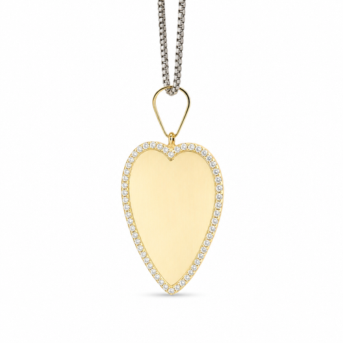 14KT Gold Charm Large Flat Plain Engravable Heart with White CZ Stones Border and Plain Bell