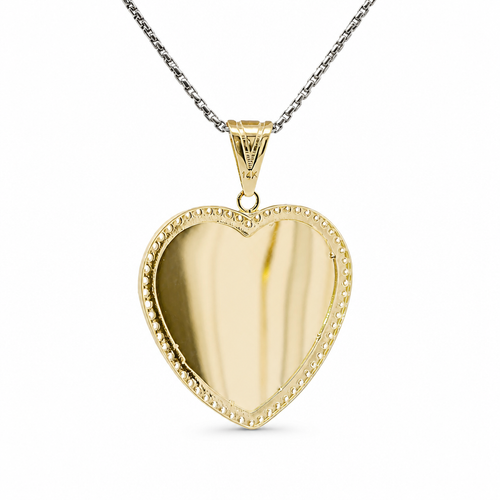 14KT Gold Charm Large Flat Plain Engravable Heart with White CZ Stones Border and Plain Bell