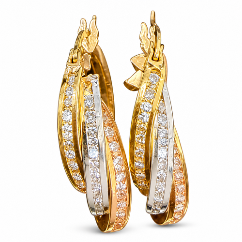 14KT Gold Earrings Hoops Round Tri Tone Triple Hoops with White CZ Stones and Saddleback Hinge Closure