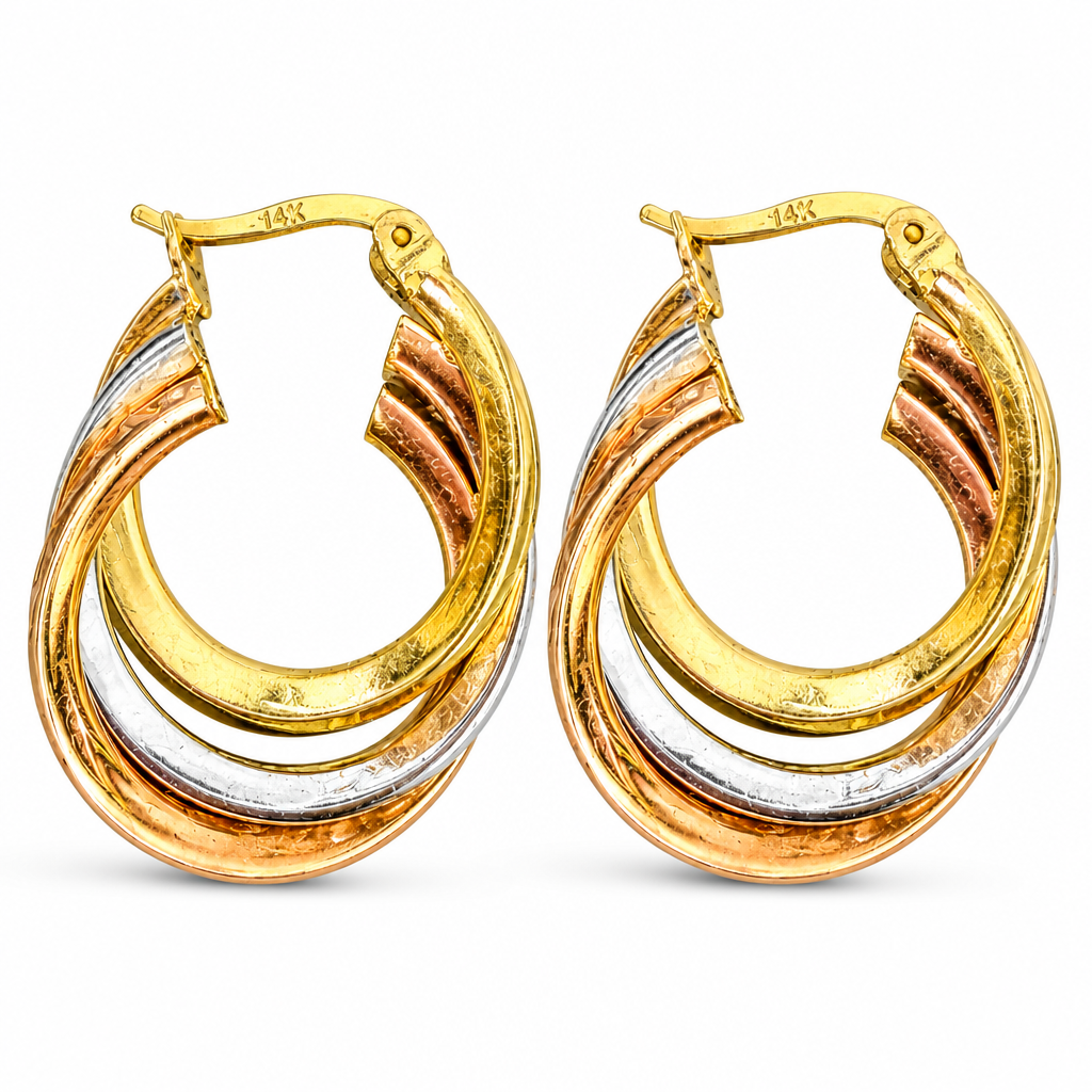 14KT Gold Earrings Hoops Round Tri Tone Triple Hoops with White CZ Stones and Saddleback Hinge Closure