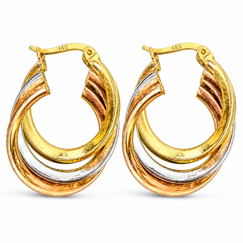 14KT Gold Earrings Hoops Round Tri Tone Triple Hoops with White CZ Stones and Saddleback Hinge Closure