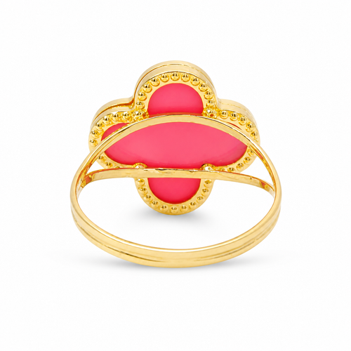 14KT Gold Ring Women's Jumbo Pink Clover with Beaded Border and Plain Split Band