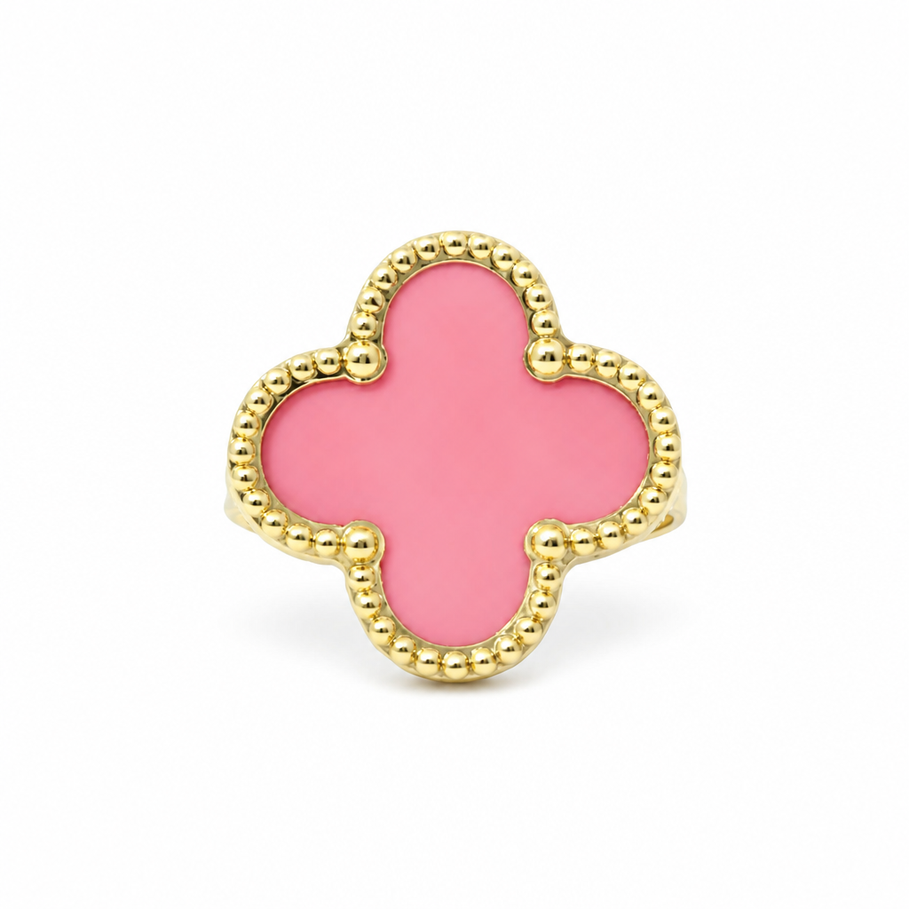 14KT Gold Ring Women's Jumbo Pink Clover with Beaded Border and Plain Split Band
