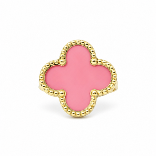 14KT Gold Ring Women's Jumbo Pink Clover with Beaded Border and Plain Split Band