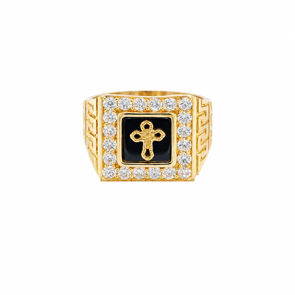 14KT Gold Ring Men's Square Onyx Cross Outline Center with White CZ Top Stones Side Design Greek
