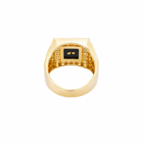 14KT Gold Ring Men's Square Onyx Cross Outline Center with White CZ Top Stones Side Design Greek